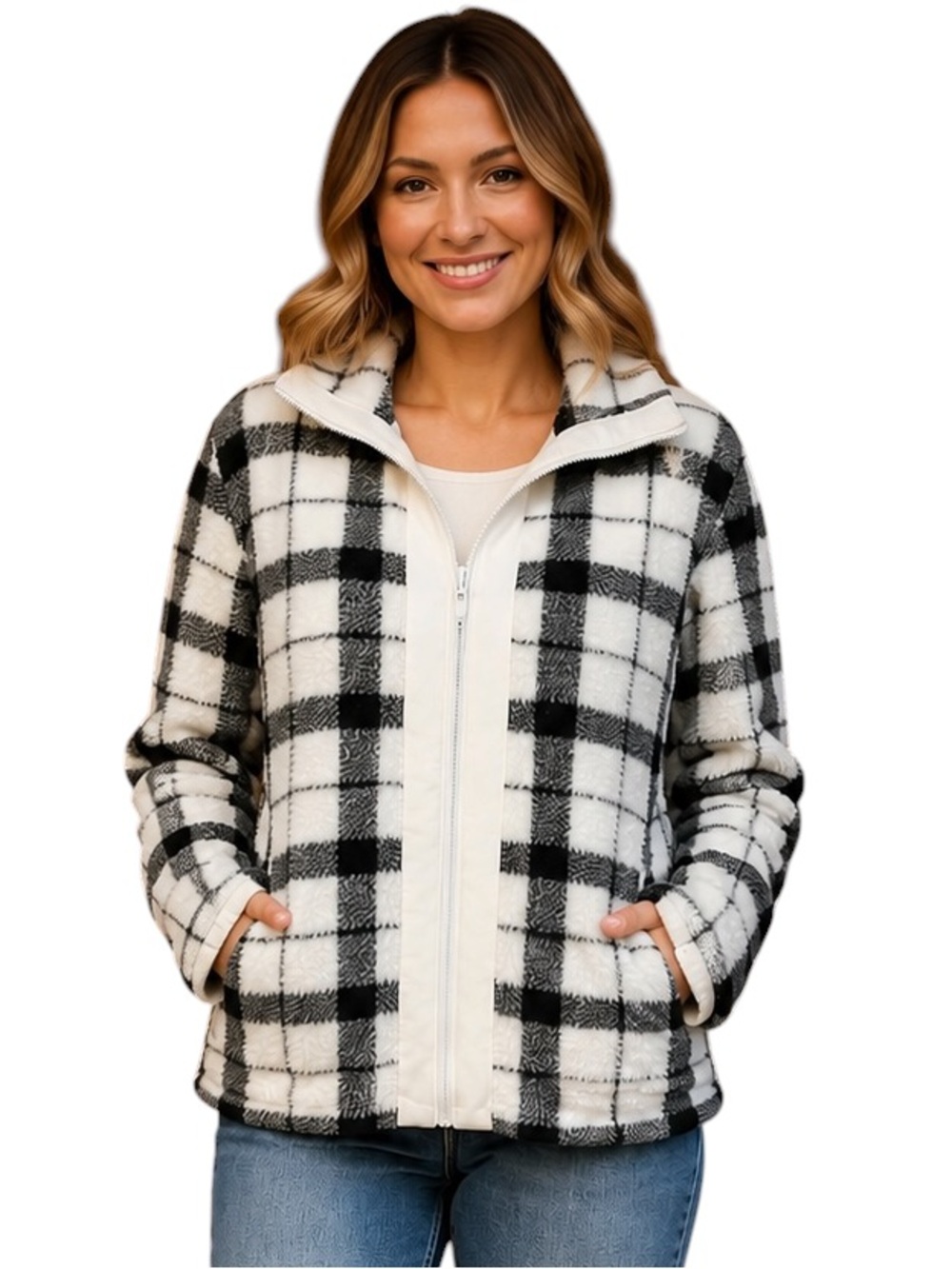 T By Talbots Small Black White Plaid Cozy Fleece Sherpa Zip Jacket